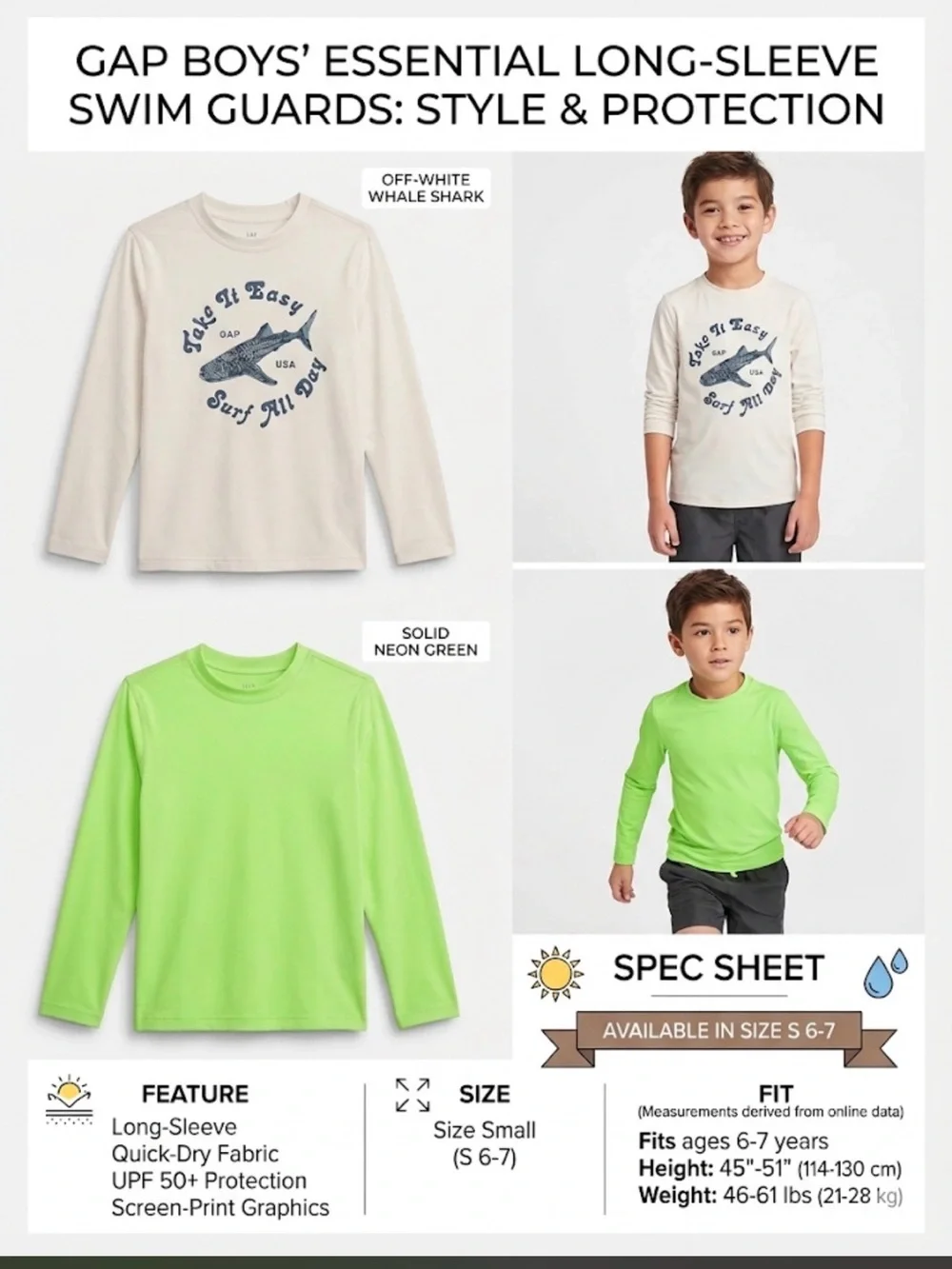 GAP Off-White Whale Shark & Neon Green Long-Sleeve Swim Tops